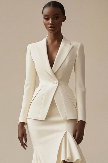 Ivory 2 Piece Peak Lapel Midi Work Dress with Ruffles